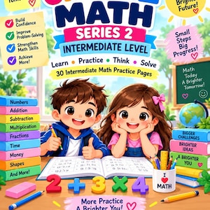 Könnte beinhalten: Ein Arbeitsbuch-Cover für Grade 2 Math Series 2 Intermediate Level mit einem gezeichneten Jungen und Mädchen, die an einem Schreibtisch lernen. Das Cover enthält Text wie Practice Today A Smarter Tomorrow und I Math.