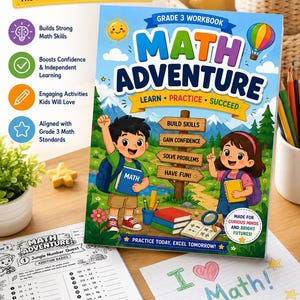 Può includere: Un quaderno di esercizi di matematica per la terza elementare intitolato Math Adventure con una copertina colorata che mostra due bambini, un cartello in legno e testo educativo. È esposto accanto a un foglio di esercizi e matite.