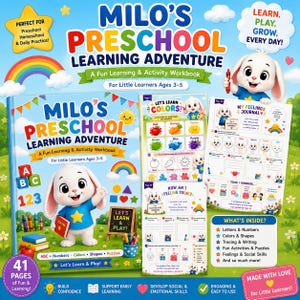 Op de afbeelding: Een kleurrijk leer- en activiteitenboek voor kleuters genaamd Milo's Preschool Learning Adventure, met een wit konijn, alfabetblokken, cijfers en educatieve pagina's over kleuren, vormen en gevoelens voor kinderen van 3 tot 5 jaar oud.
