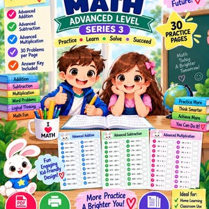 Könnte beinhalten: Arbeitsheft-Cover Grade 2 Math Advanced Level Series 3 mit zwei Kindern am Schreibtisch, Matheaufgaben, einer Tasse mit der Aufschrift I Love Math und einem Cartoon-Hasen. Enthält Text zu Übungsseiten, Addition, Subtraktion und Multiplikation.