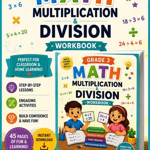 May include: A Grade 3 math multiplication and division workbook featuring colorful text and illustrations. The cover displays math equations, a lightbulb icon, and two children working on math problems. It includes 45 pages of learning activities.