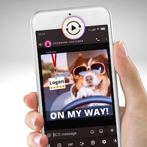 May include: A smartphone screen displaying a messaging interface with a DoorDash customer chat. The chat contains an image of a brown and white dog wearing sunglasses behind a steering wheel, with the text Logan, five stars, and ON MY WAY!