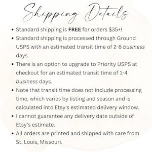 May include: Text on a white background reads "Shipping Details" in elegant script. Bullet points detail shipping information, including free standard shipping for orders over $35, transit times, and processing details. The text also mentions that orders are printed and shipped from St. Louis, Missouri.
