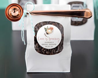 Love is Brewing Bridal Shower Stickers, Coffee Theme Favor Labels, Wedding Shower Thank You Stickers, Custom Guest Gift Bag Tags, 2" Round