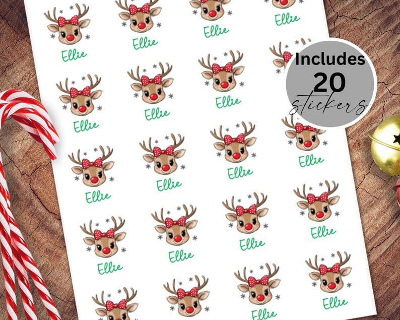 May include: Twenty red and white reindeer stickers with the name Ellie printed on each sticker. The stickers are on a white sheet of paper.