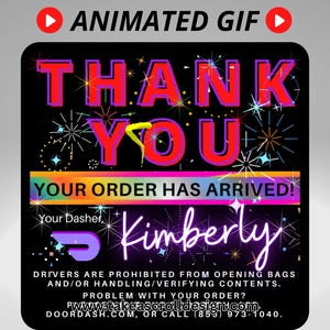 Texto de agradecimento animado personalizado do DoorDash, GIF personalizado do motorista de entrega para avaliações, download digital personalizado, seu pedido chegou