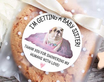 Custom Dog Baby Shower Favor Stickers, Personalized Pet Thank You Labels, Boy or Girl Pink Blue, Cookie Bag Tags, Puppy Shower Decorations