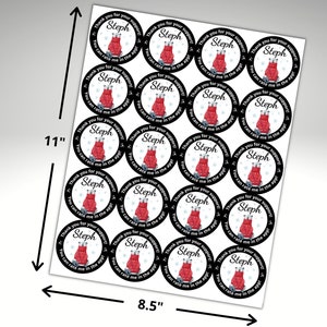 May include: A sheet of stickers, 8.5 x 11 inches, featuring a repeating design. Each sticker is a circle with a red mitten illustration, the name "Steph", and the text "Thank you for your support! You can rate me in the app!"