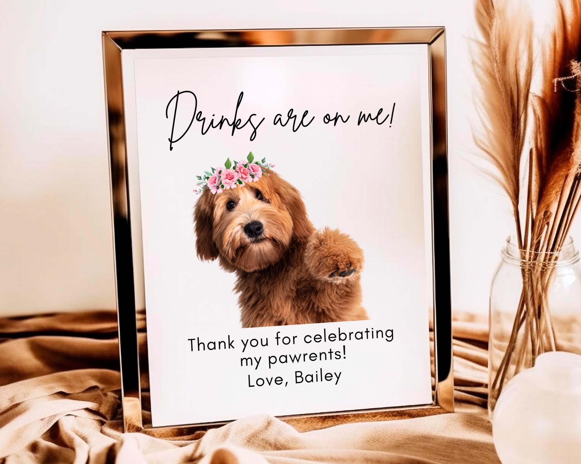 Printed Dog Wedding Bar Sign with Pet Photo, Custom Open Bar Sign, Drinks Are On Us Wedding Decor, Cat or Dog Reception Sign for Guests