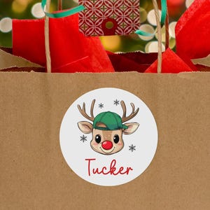 May include: A white round sticker with a cartoon reindeer wearing a green baseball cap. The reindeer has a red nose and is smiling. The sticker says "Tucker" in red letters.