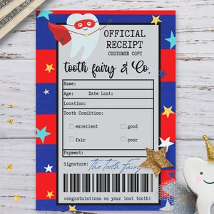 Reçu de la fée des dents imprimable, idées cadeaux de la fée des dents, garçon fée des dents, cartes de reçu de la fée des dents imprimables, téléchargement du reçu de la fée des dents