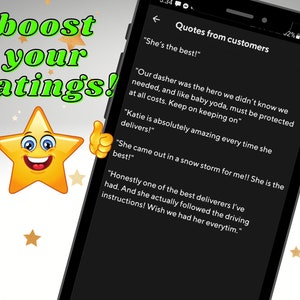 May include: A smartphone displays customer quotes with a thumbs-up star graphic and the text "boost your ratings!". The quotes praise a delivery service, highlighting excellent service and reliability.