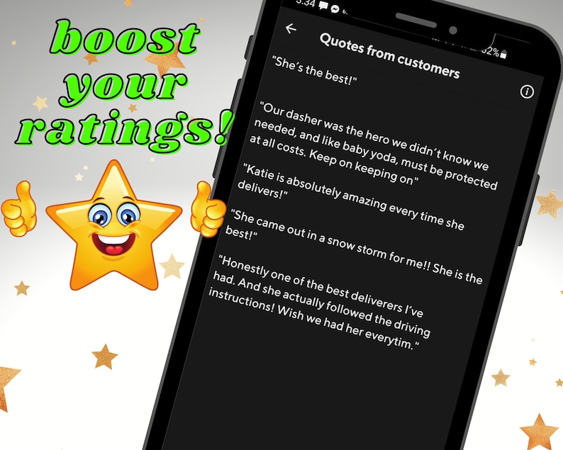 May include: A smartphone displays customer quotes with a thumbs-up star graphic and the text "boost your ratings!". The quotes praise a delivery service, highlighting excellent service and reliability.