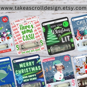May include: Ten different Christmas gift card designs with a cash slot. The designs feature various Christmas themes, including gnomes, a snowman, a dinosaur, and a Christmas tree. Each card has a $5 bill inserted in the cash slot.