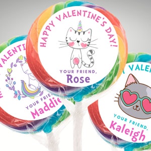 Cat Unicorn Valentine's Day Stickers for Kids, 20-count, 2 inch, Personalized Classroom Valentines Favors, Valentines Labels for Girls