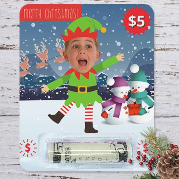 Custom Elf Photo Money Holder Card, Stocking Stuffer, Christmas Money Card, Gift for Kids, Cash Gift Ideas Christmas, Money Gift Holder