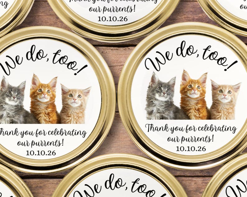 Puede incluir: Etiquetas redondas con borde dorado que muestran tres gatitos en gris, naranja y naranja claro. El texto dice: We do, too! Thank you for celebrating our purrents! 10.10.26. Estas pegatinas circulares tienen un fondo blanco y texto negro.