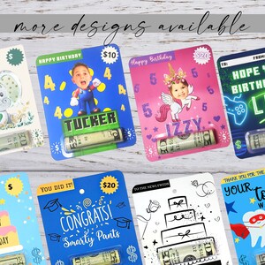 May include: A collection of colorful cards with different designs for giving money as a gift. The cards feature images of an elephant, a child dressed as Mario, a unicorn, a video game controller, a birthday cake, a graduation cap, a wedding cake, and a tooth. Each card has a slot for a rolled-up bill of money.