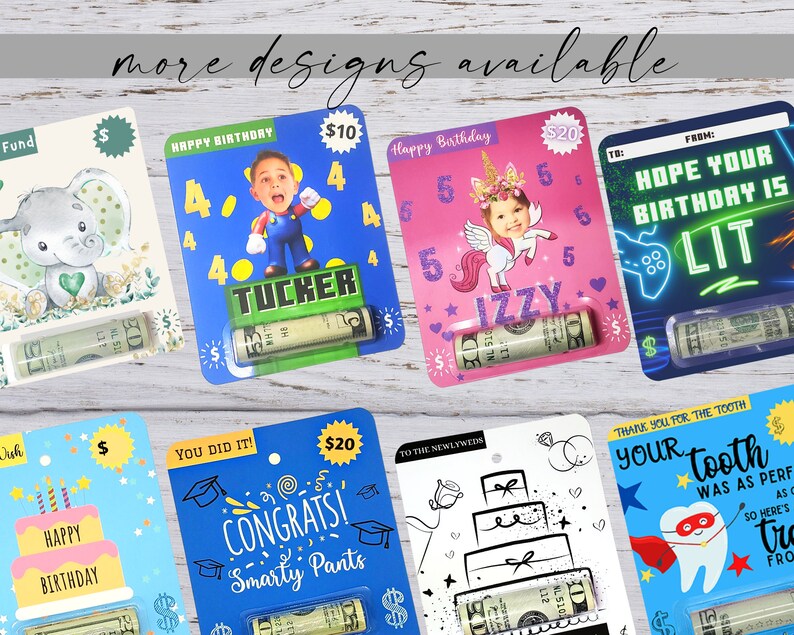 May include: A collection of colorful cards with different designs for giving money as a gift. The cards feature images of an elephant, a child dressed as Mario, a unicorn, a video game controller, a birthday cake, a graduation cap, a wedding cake, and a tooth. Each card has a slot for a rolled-up bill of money.