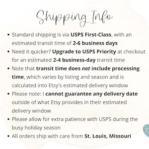 Puede incluir: Un gr&aacute;fico informativo blanco con texto negro titulado Shipping Info. El texto detalla el env&iacute;o est&aacute;ndar mediante USPS First-Class, opciones de mejora a USPS Priority, tiempos de procesamiento, estimaciones de entrega y consejos para festivos.
