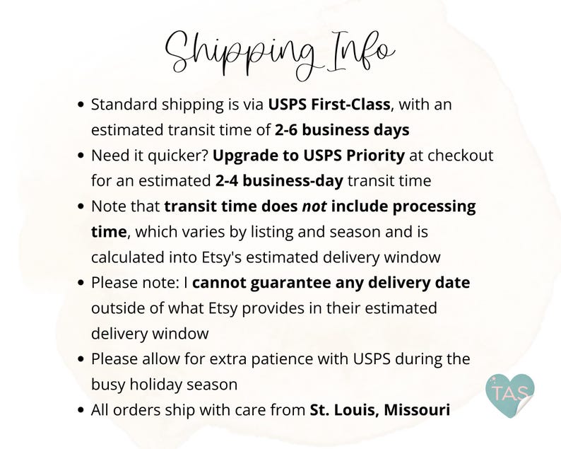 Puede incluir: Un gr&aacute;fico informativo blanco con texto negro titulado Shipping Info. El texto detalla el env&iacute;o est&aacute;ndar mediante USPS First-Class, opciones de mejora a USPS Priority, tiempos de procesamiento, estimaciones de entrega y consejos para festivos.