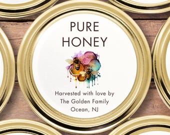 Honey Jar Labels, Round Honey Stickers, Personalized Honey Bee Labels, Custom Honey Bottle Stickers, Canning Lid Labels, Gift for Beekeeper