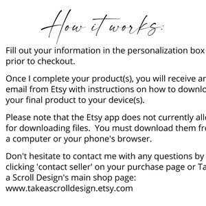 May include: A checklist of instructions on how to download digital products purchased from Etsy. The text includes information about personalization, Etsy app limitations, and contact information for the seller.