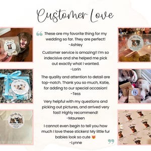 Puede incluir: Un collage titulado Customer Love que muestra seis fotograf&iacute;as de pegatinas redondas con retratos de mascotas y el texto We do too, junto a cinco testimonios de clientes que elogian la calidad, el servicio y la rapidez del pedido.