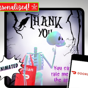 DoorDash Halloween geanimeerde dank u GIF, beoordelingstekst voor bezorgers, aangepaste Halloween GIF, gepersonaliseerde digitale download, skelet