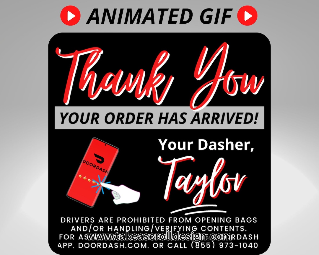 Personalized Doordash Animated Thank You Text, Custom Delivery Driver GIF  for Ratings, Customized Digital Download, Your Order Has Arrived