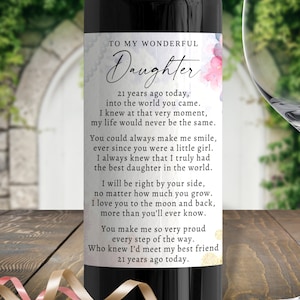 Sentimental 21st Birthday Gift for Daughter, Custom Wine Bottle Label with Poem, Gift from Mom or Dad, Keepsake for Her, Gift Box Sticker