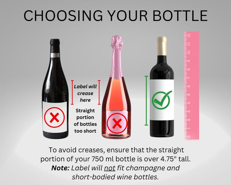 K&ouml;nnte beinhalten: Bild mit drei Weinflaschen mit Etiketten, einem rosa Lineal und Text. Der Text lautet &bdquo;CHOOSING YOUR BOTTLE&ldquo;. Die Flaschen sind schwarz, rosa und dunkelrot. Der Text besagt auch, dass der gerade Teil einer 750-ml-Flasche &uuml;ber 12 cm hoch sein muss.