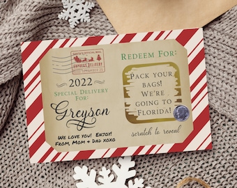 Christmas Scratch Off Card, Surprise Trip Reveal, Custom Christmas Coupon Voucher, Surprise Vacation Card, Personalized Experience Ticket