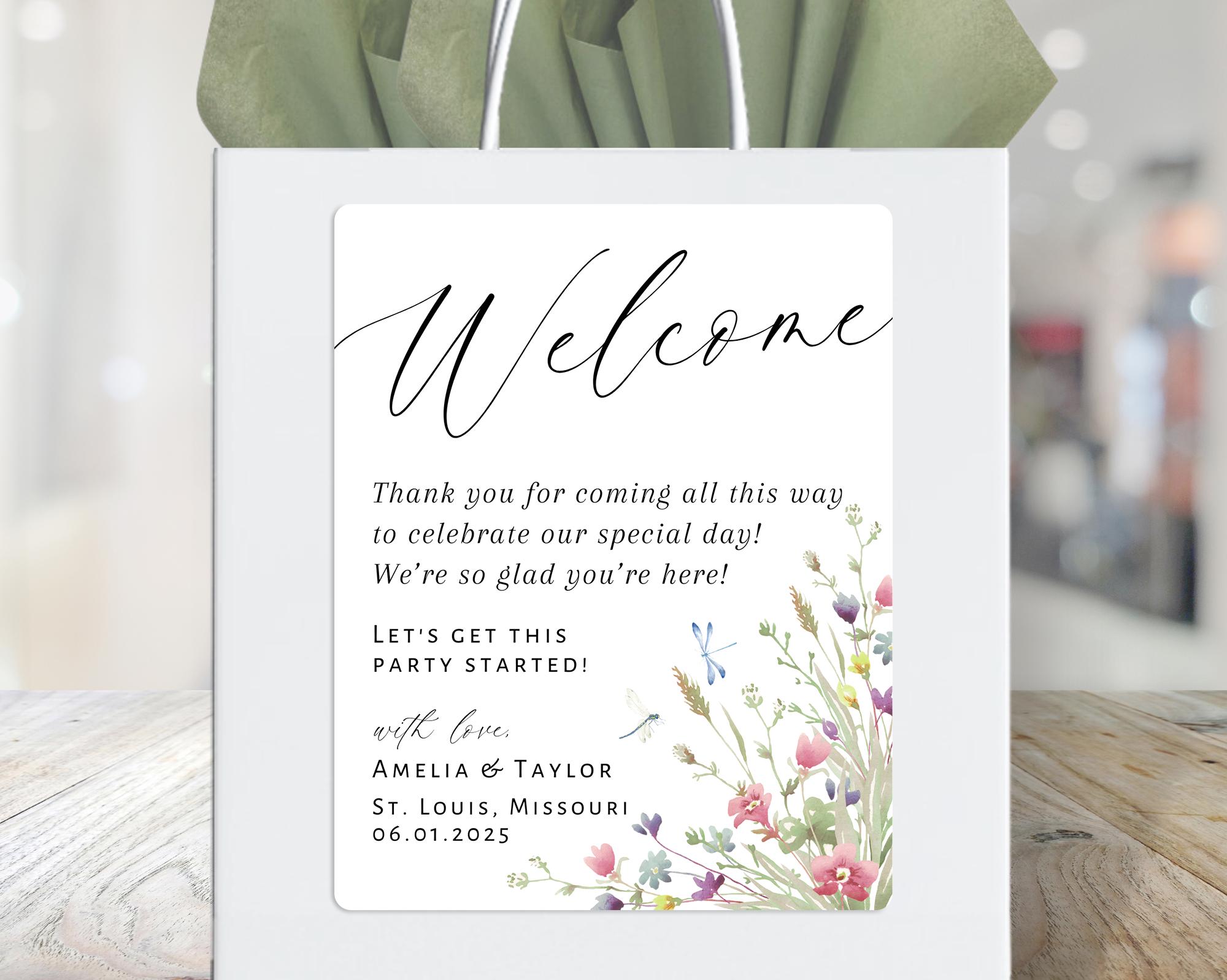 Wildflower Wedding Welcome Bag Stickers, Hotel Bag Stickers Bulk, Welcome Gift Bag Labels, Welcome Bag Tag, Guest Favor Gift Bag Stickers