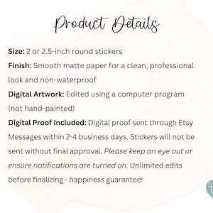 Puede incluir: Un gr&aacute;fico informativo blanco con texto negro titulado Product Details. Enumera especificaciones para pegatinas redondas de 5,08 o 6,35 cm, indicando un acabado de papel mate liso no impermeable y un proceso de aprobaci&oacute;n de prueba digital.