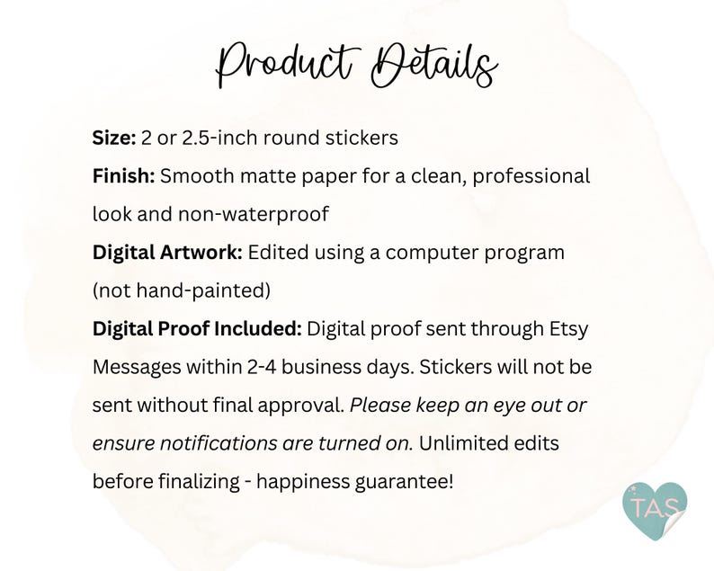 Puede incluir: Un gr&aacute;fico informativo blanco con texto negro titulado Product Details. Enumera especificaciones para pegatinas redondas de 5,08 o 6,35 cm, indicando un acabado de papel mate liso no impermeable y un proceso de aprobaci&oacute;n de prueba digital.