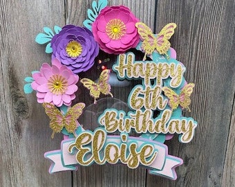Flowers and Butterflies Cake Topper, Birthday Cake Topper,
