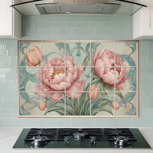 Peonies Art Nouveau Kitchen Backsplash Tiles: Floral Tile Mural