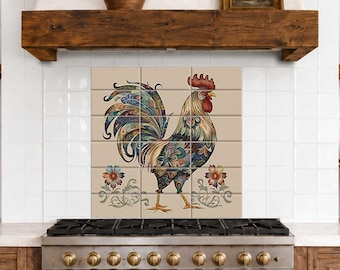 Colorful rooster ceramic tile mural for farmhouse kitchen backsplash