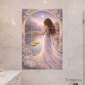 Puede incluir: Un mural de azulejos de cerámica que representa a una mujer con un vestido blanco que sostiene balanzas doradas. La obra de arte presenta un paisaje sereno con un río, un arco y detalles florales. El mural está instalado en una pared de mármol.