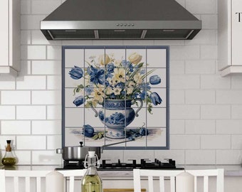 Backsplash blue vase with flowers and border tiles mural, tiles image frame