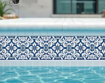 Azulejos para piscina mediterránea: Juego de azulejos con líneas de agua florales en azul y blanco