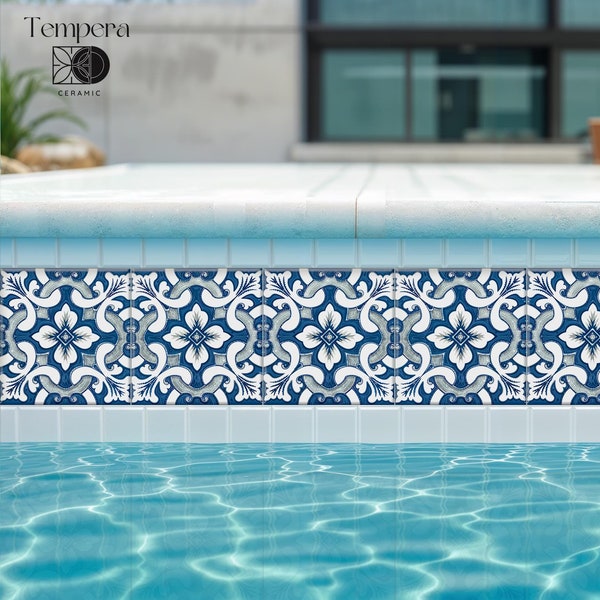 Mediterranean Pool Tiles: Blue & White Floral Waterline Tile Set