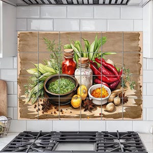 Painel de azulejos com especiarias para backsplash: decoração para reforma de cozinha