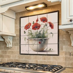 Azulejos con diseño de ramo de amapolas rojas para el salpicadero de la cocina y la decoración de la pared de la casa de campo.