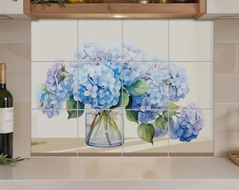 Mural de azulejos de hortensias azules: Azulejos para salpicadero de cocina