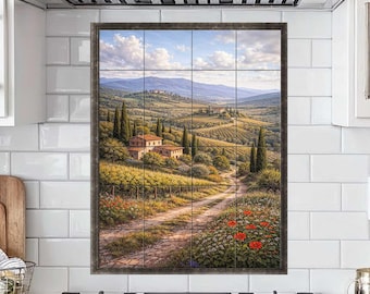 Salpicadero de azulejos toscanos, azulejos de cerámica de la campiña italiana con paisaje de viñedos y cipreses.
