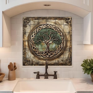 Celtic Tree of Life backsplash tiles with ornate medieval inspired artwork