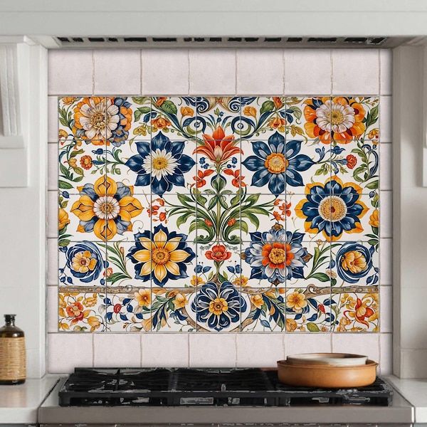 Floral Mexican Style Tile Backsplash: Kitchen Accent Decor