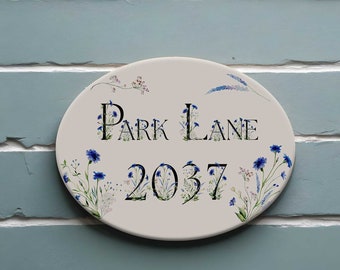 Ceramic oval tile Address plaque Street address sign Simple floral design tile